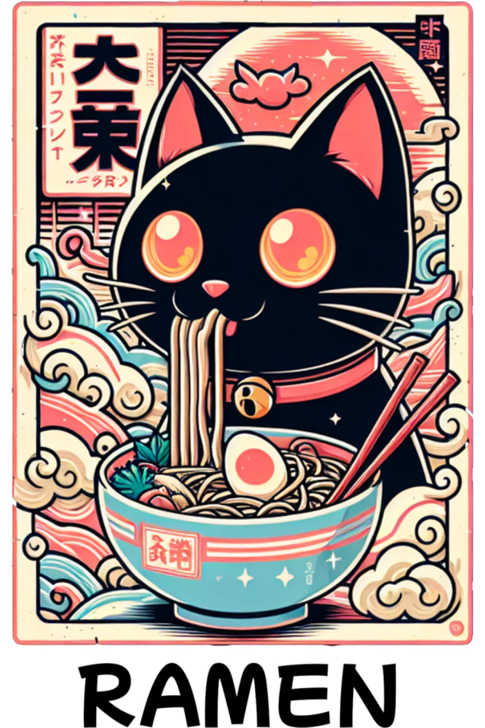Graphic ramen cat with bold icon style shapes and a strong food lover theme