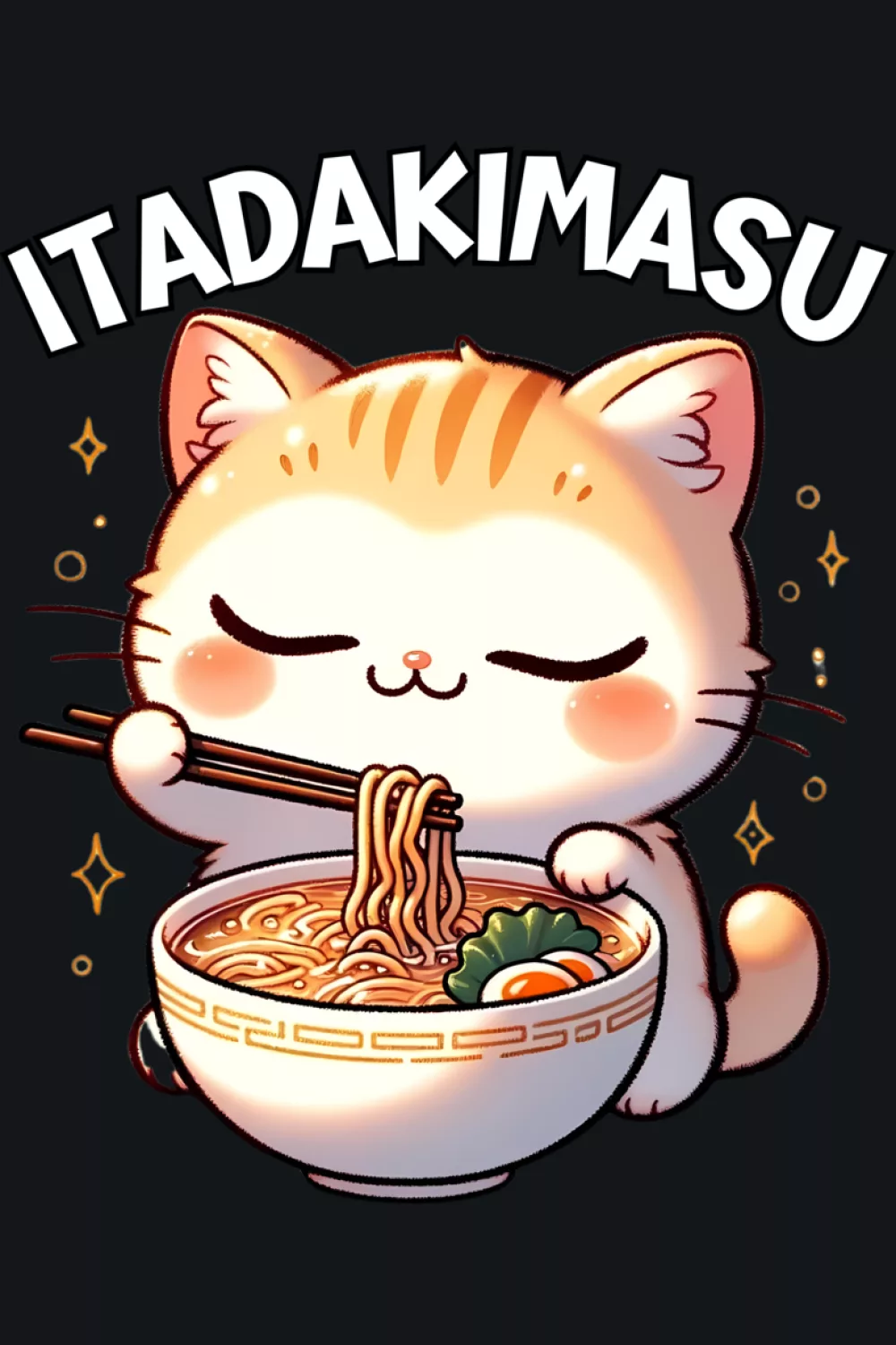 Cheerful ramen loving cat with an itadakimasu mood and cozy bowl focused composition