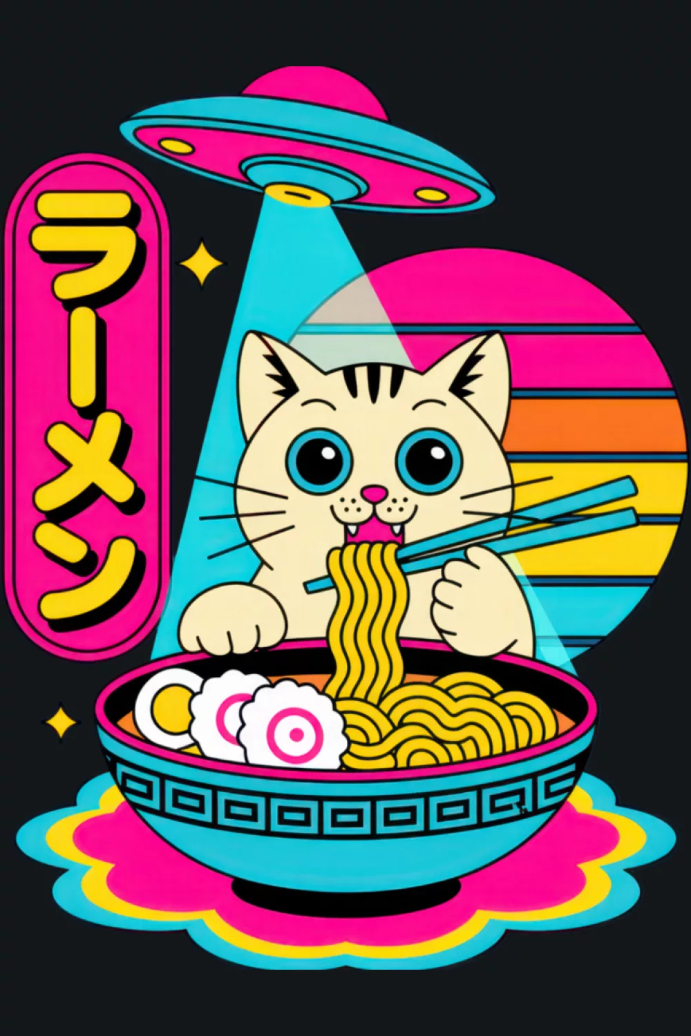 Cute ramen loving cat holding chopsticks with a warm bowl centered layout