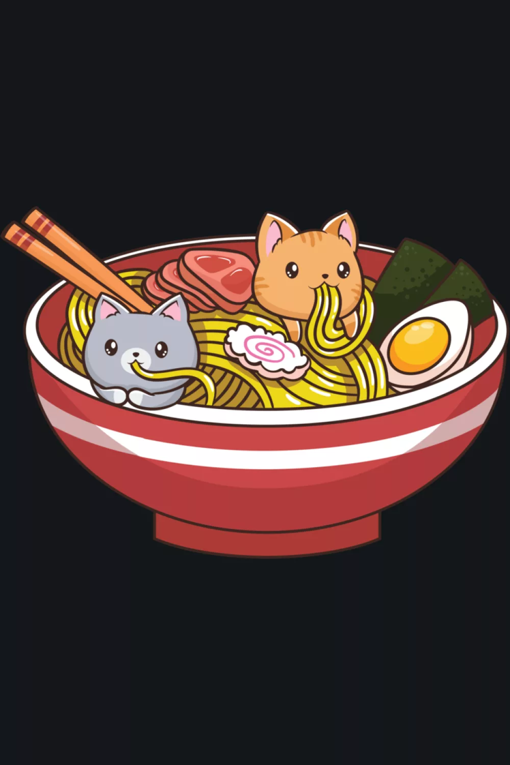 Cute ramen cats grouped together with a friendly gift vibe and a warm, cozy palette