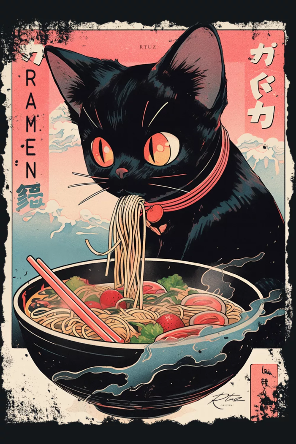Y2K kawaii ramen cat with a playful manga vibe and punchy colors that feel like pop nostalgia