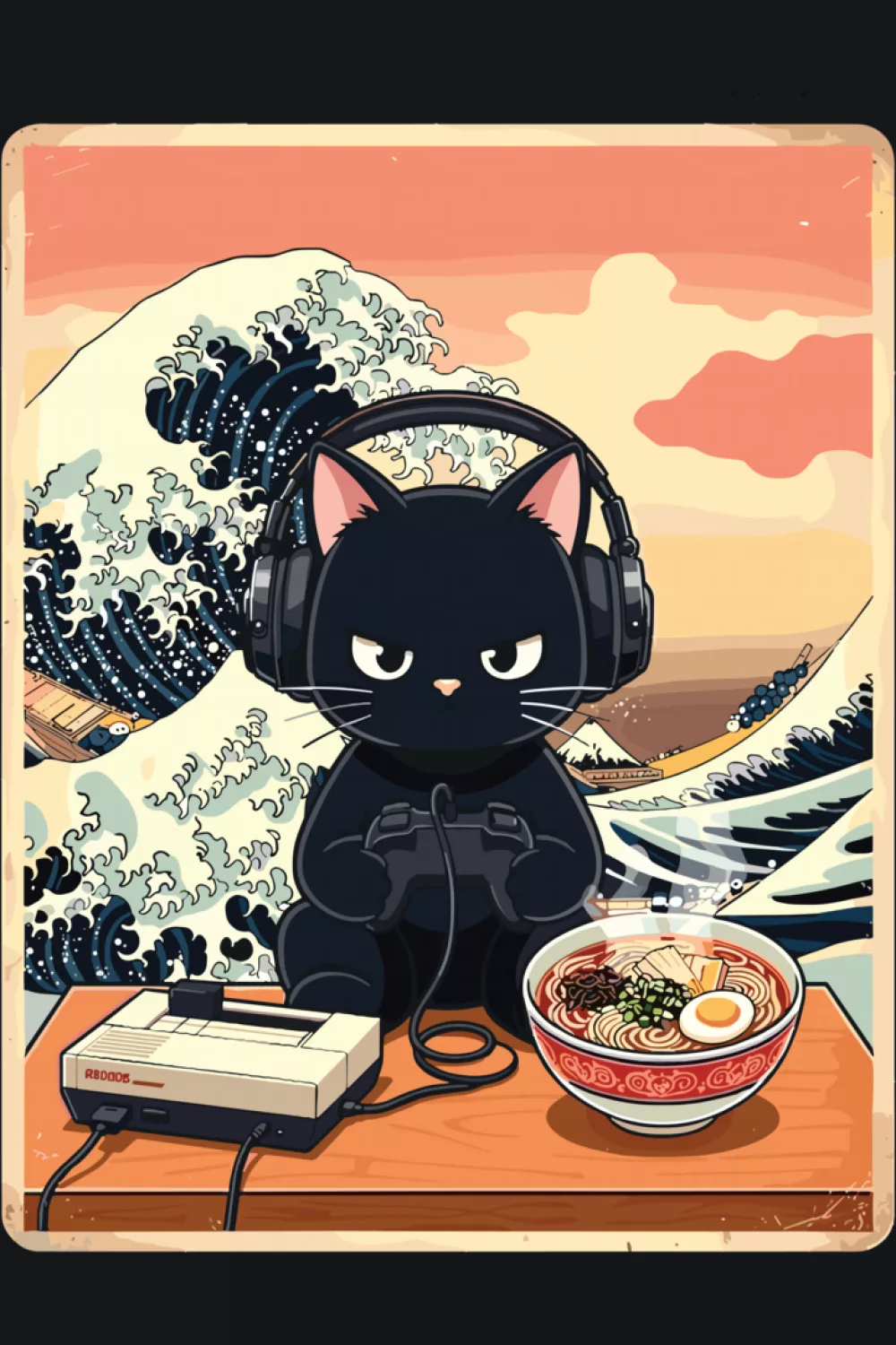 Gamer cat holding a controller with a ramen bowl and wave art accents