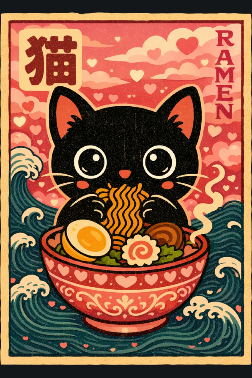 Funny vintage ramen cat with bold red tones and a confident poster pose