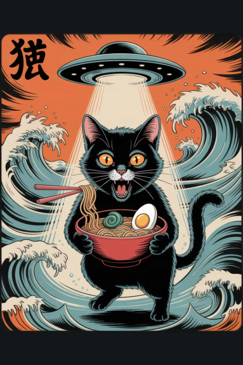 ufo ramen cat concept art, surreal cute scene with a playful sci fi twist and noodles as the highlight