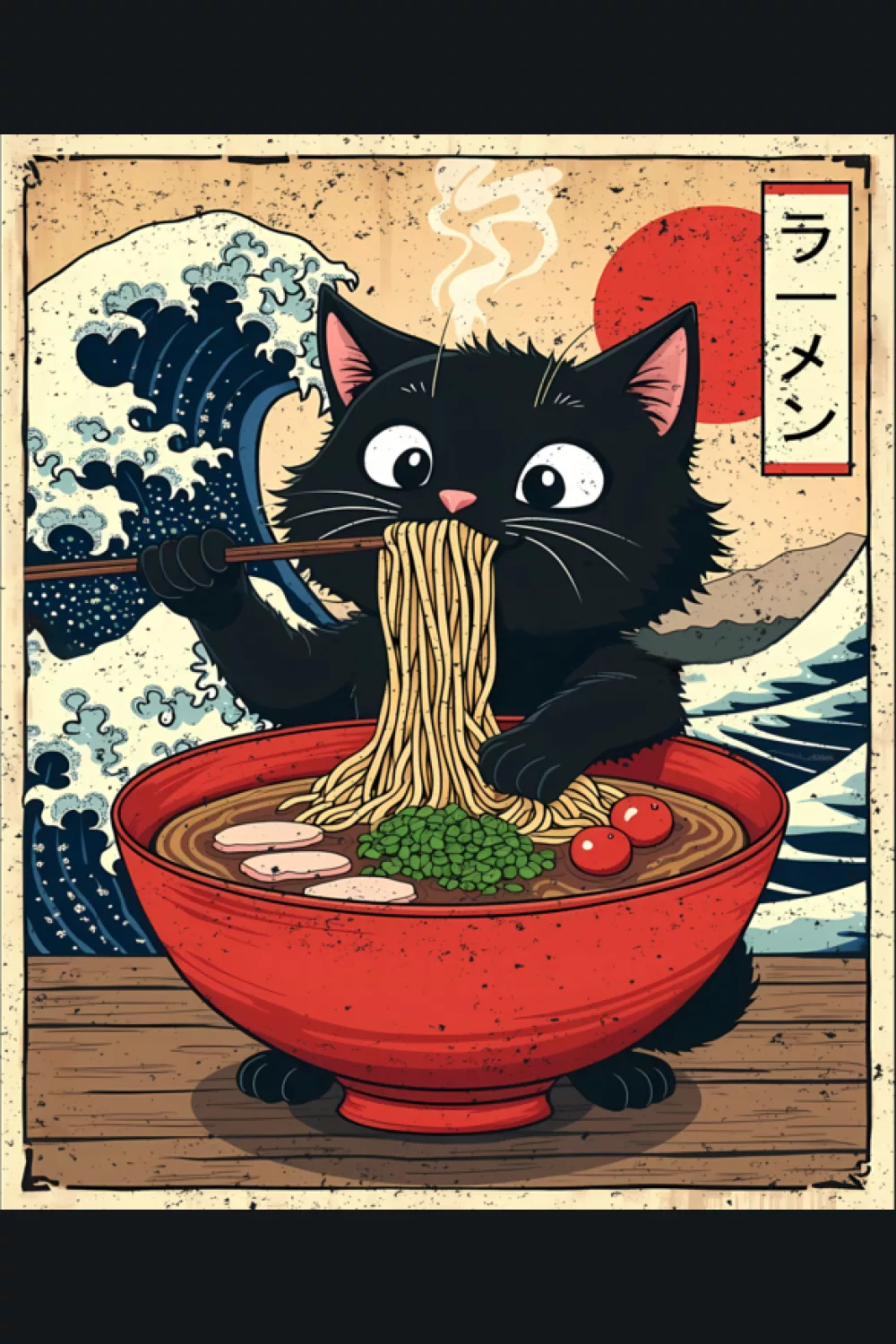 vintage art ramen cat with scenic background, warm colors and a travel postcard feel