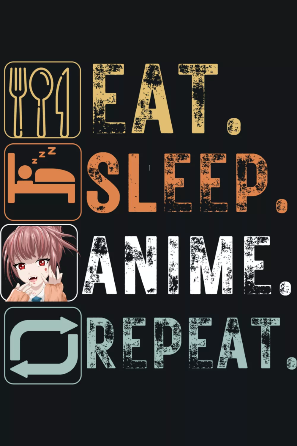 vintage colorway routine typography with a bold, warm palette for anime fans
