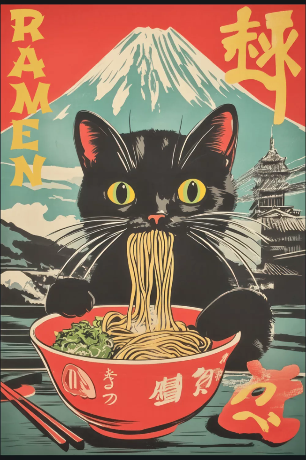 vintage ramen cat poster with scenic background, old travel print feel and a strong central bowl
