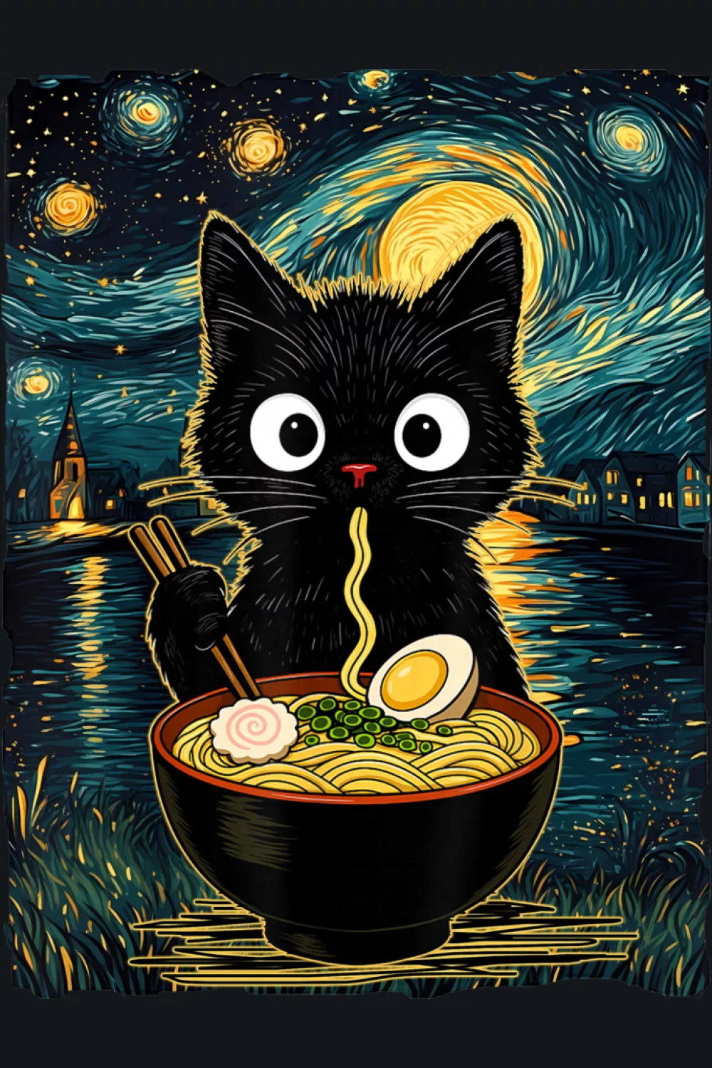 Starry night inspired ramen cat with swirling sky energy and a dreamy art poster mood