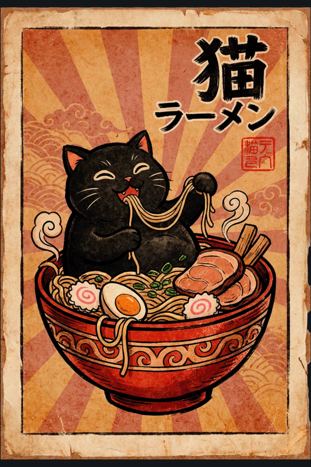 Vintage ramen cat illustration with textured paper look and bold Japanese poster blocks