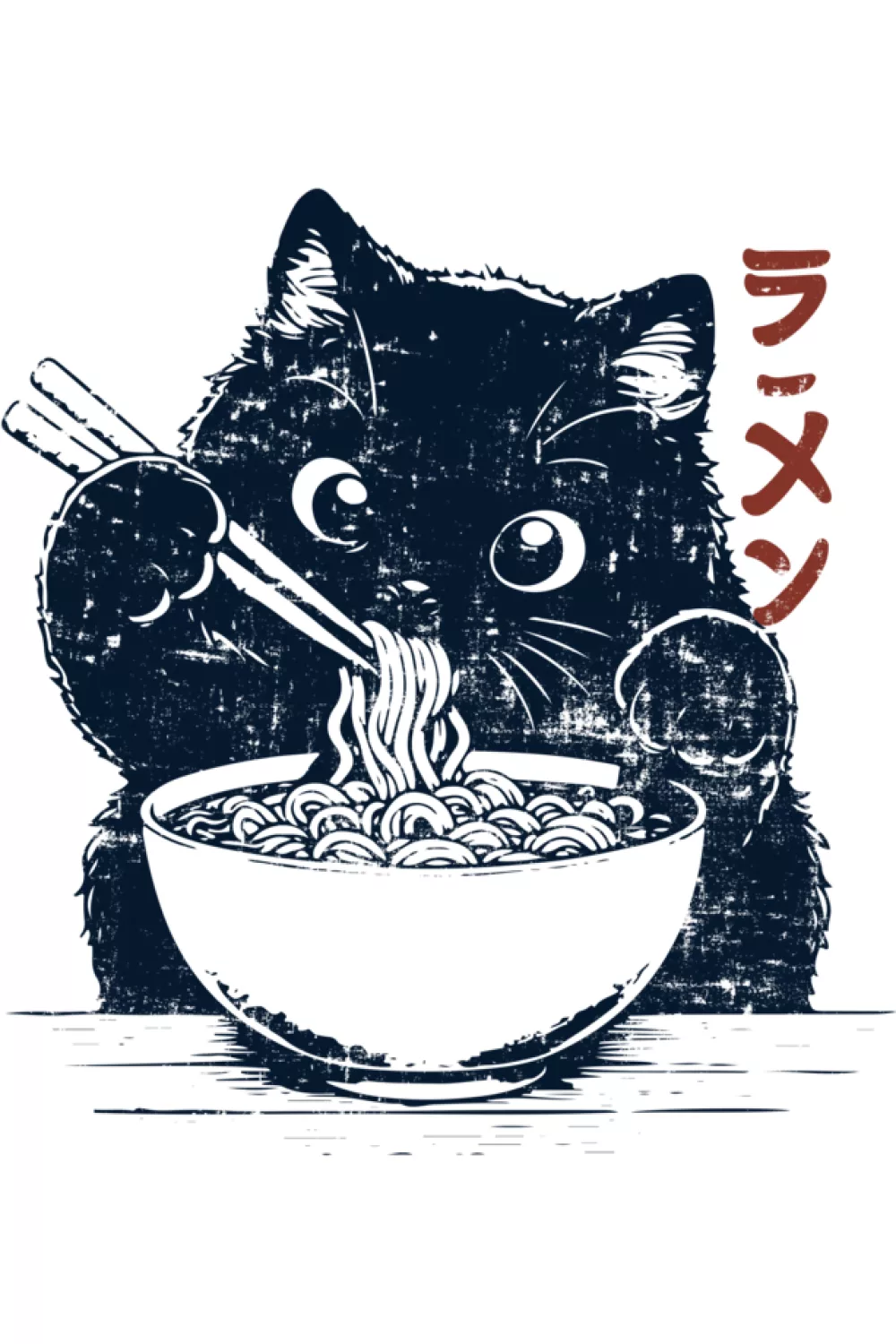 vintage line art cat eating ramen, minimal ink style with a calm Japanese aesthetic