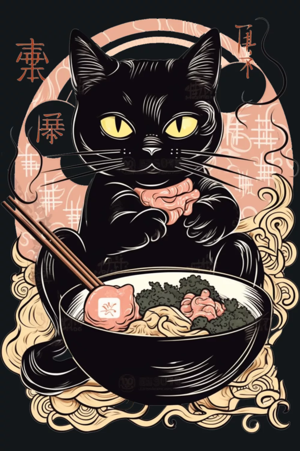 Vintage kawaii ramen cat with soft fading colors and a calm Japanese retro aesthetic