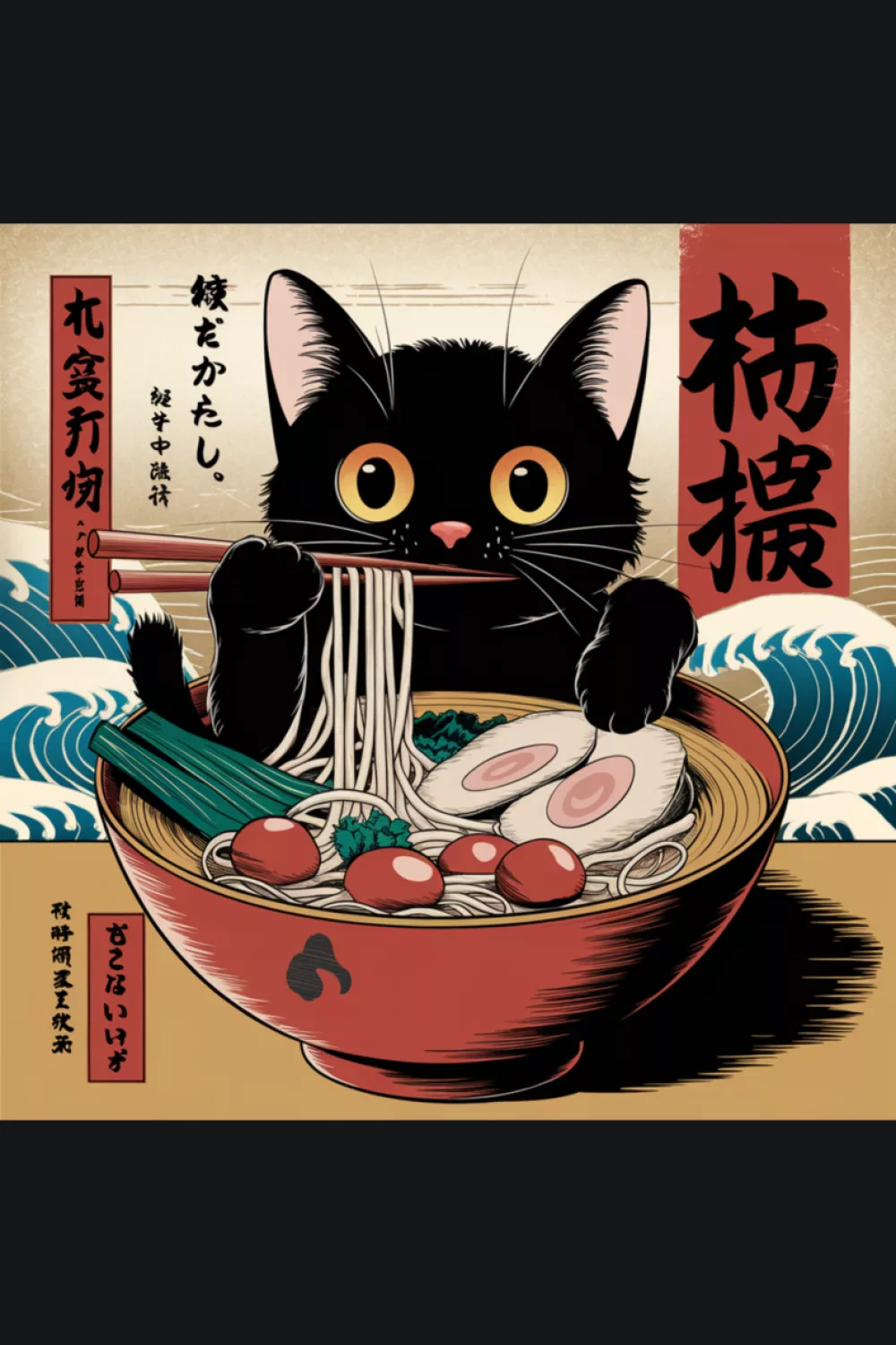 Vintage Japanese art black cat eating noodles with bold lines and a calm, classic poster feel