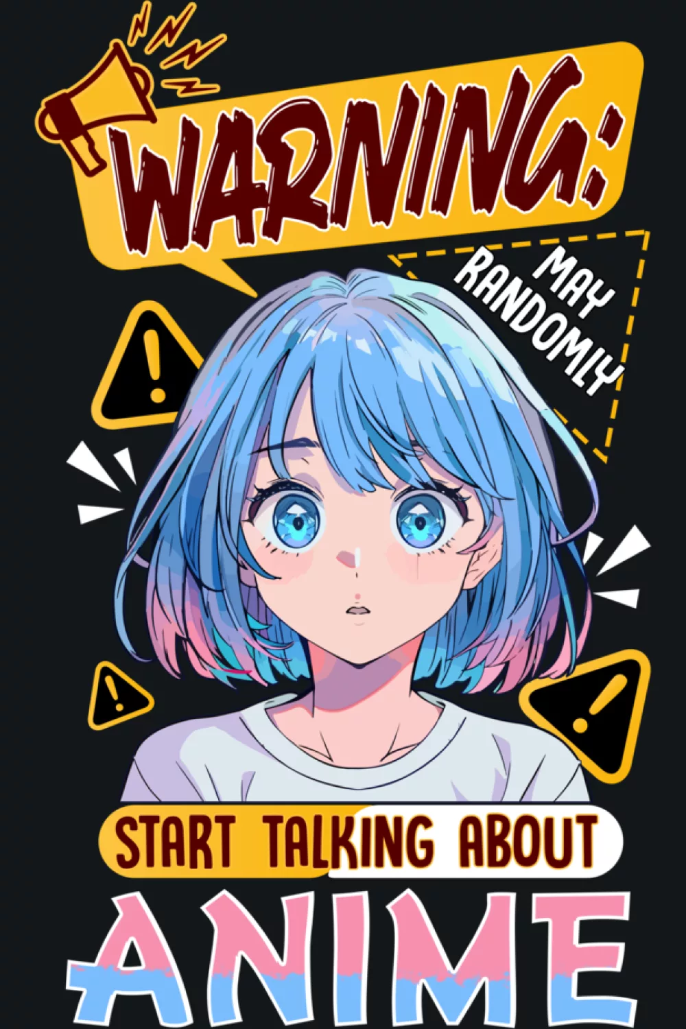 Comic warning frame with a bright anime portrait and playful typography for a humorous otaku vibe