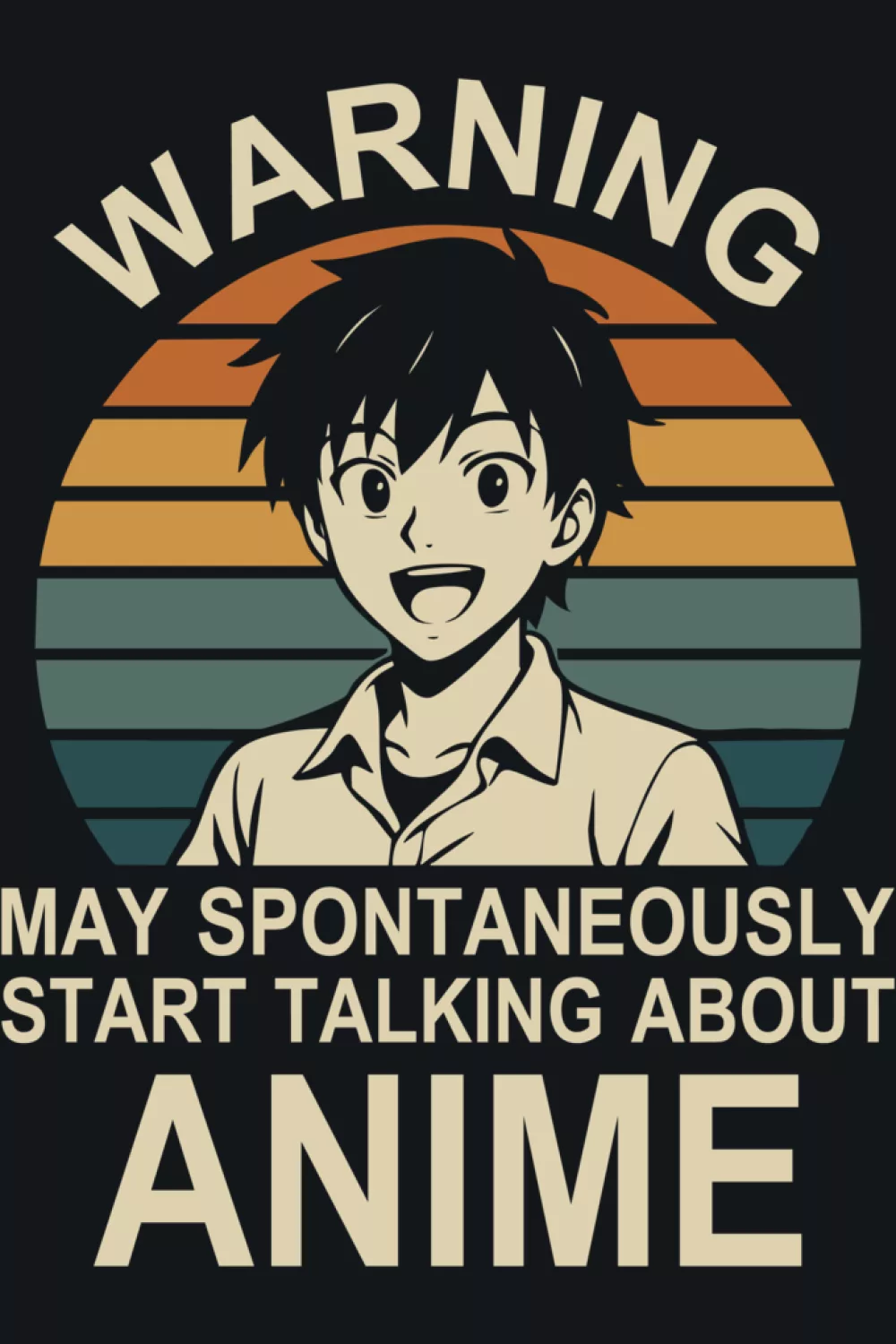 Retro sunset circle behind a character with warning text for a nostalgic fan vibe
