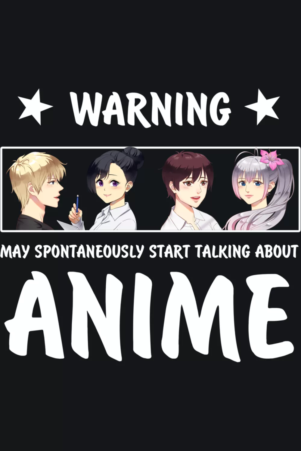 Group character banner under a warning header with big anime text for a community fan vibe
