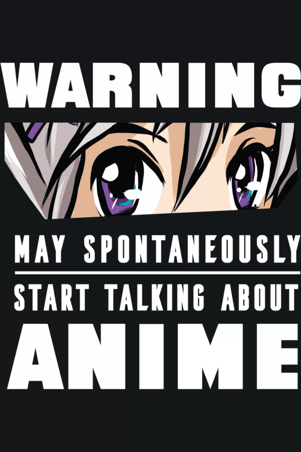 Close crop anime eyes with heavy warning text for a bold high contrast look