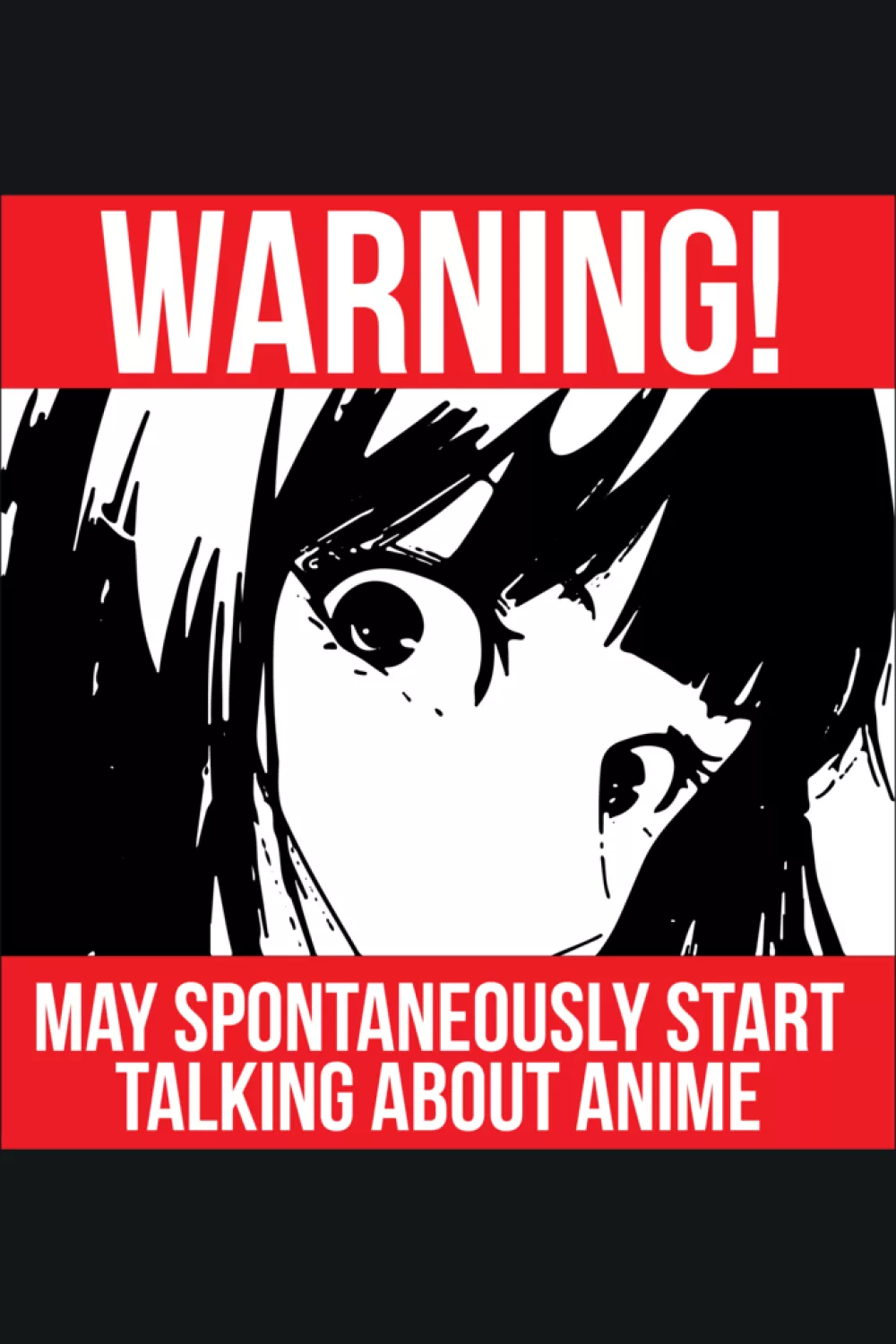 Red warning banner with bold white text and a moody anime portrait for a dramatic sign look
