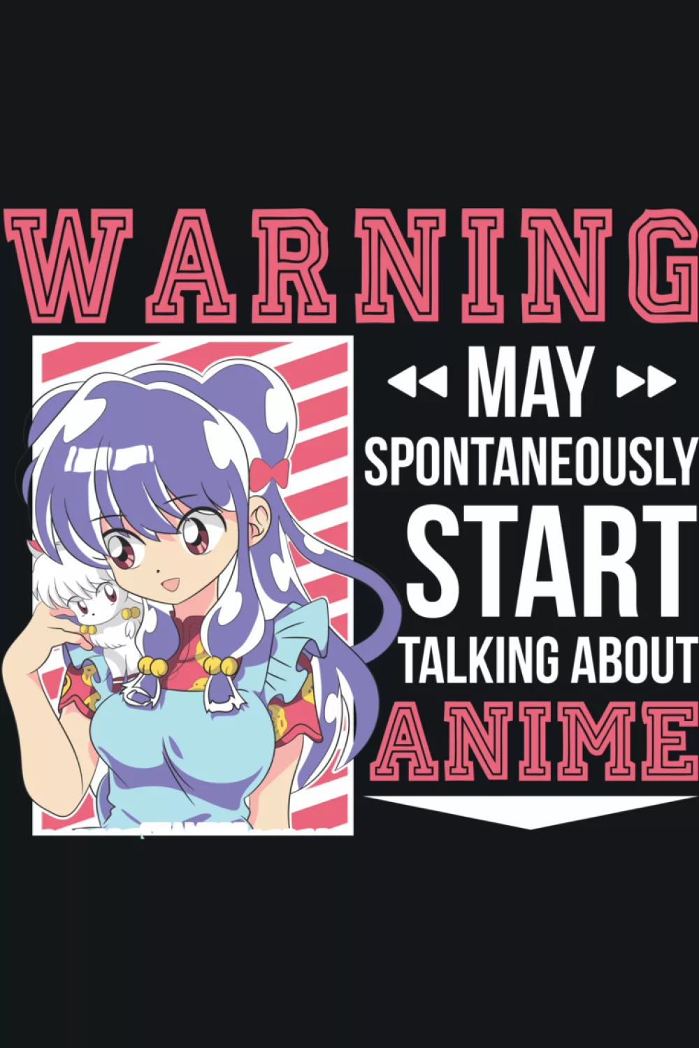 Warning badge with a small character cameo and bold anime wording for a playful fan statement