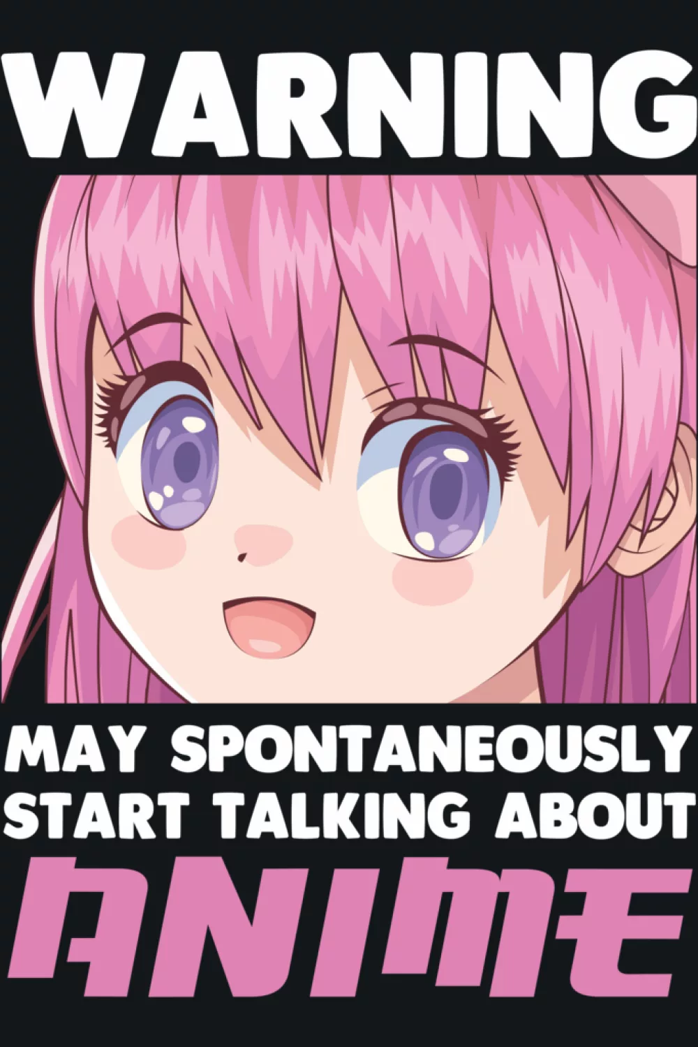 Cute anime face with big eyes under a warning banner and bold anime text for a sweet fan mood