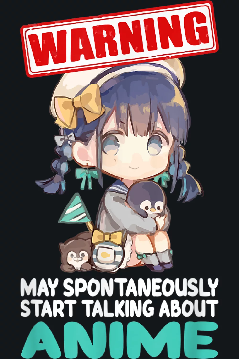 Cute character holding a small plush under a warning banner for a cozy fan vibe