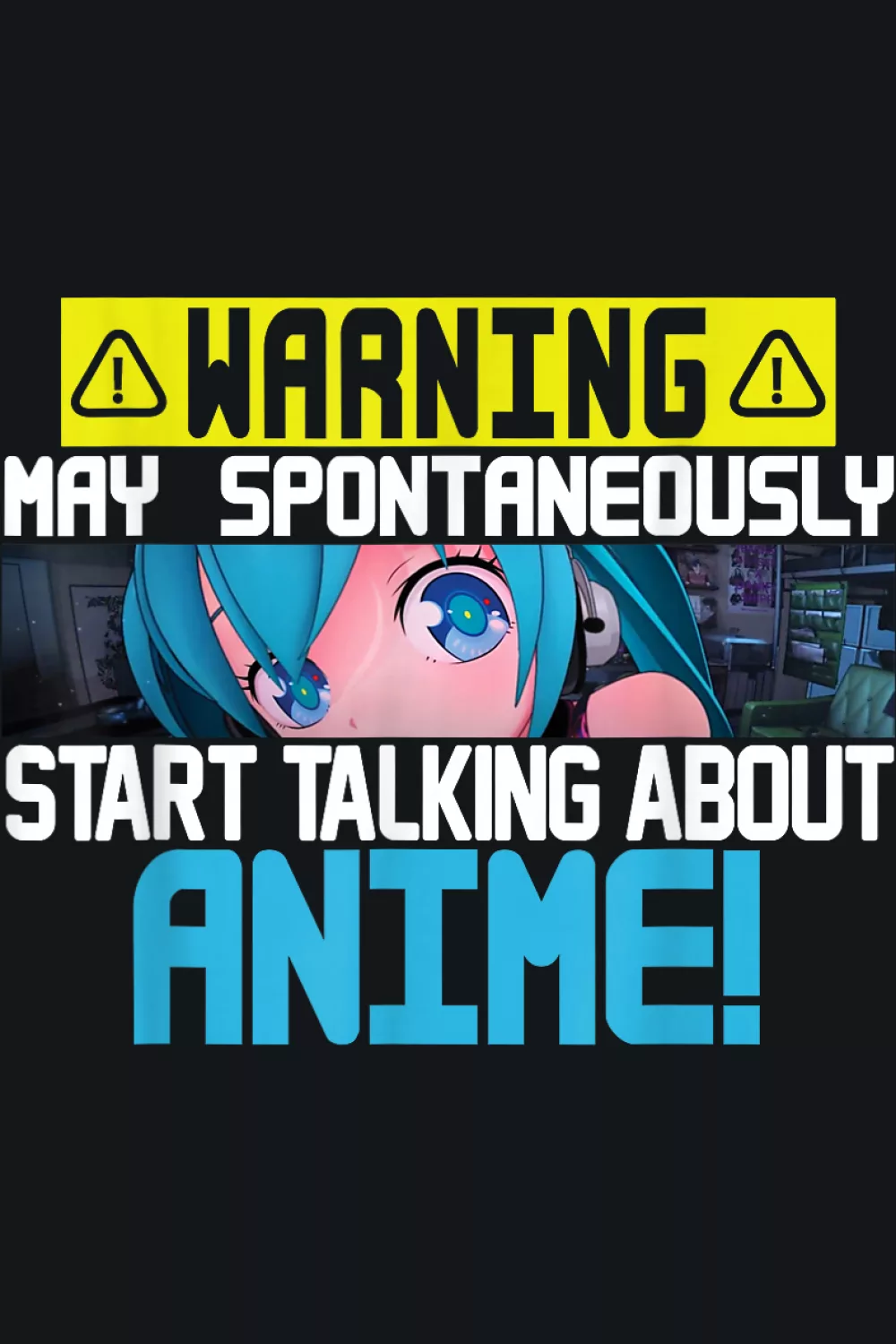 Cute face peeking under a warning header with bright anime letters for a playful mood