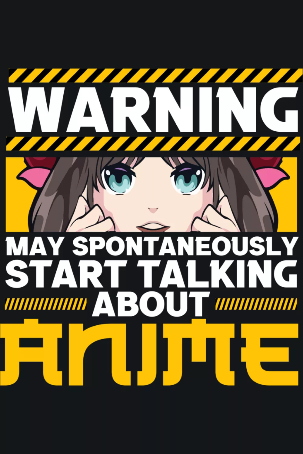 Hazard stripe warning theme with an anime portrait and strong block lettering for a bold caution sign vibe