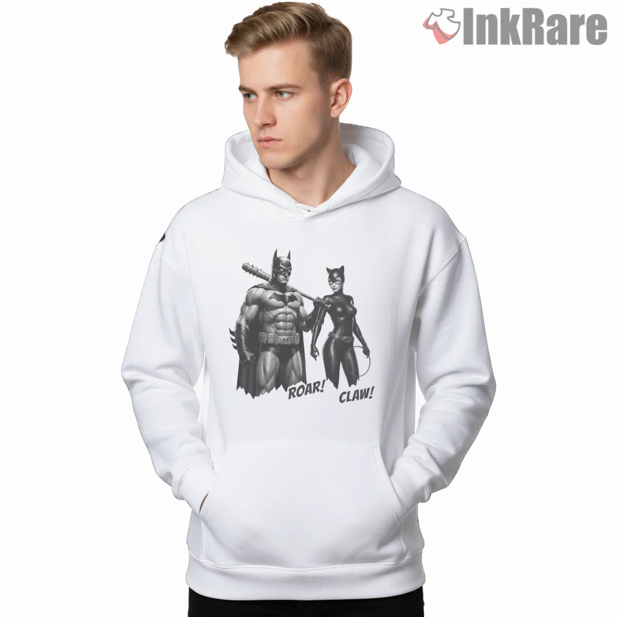 A Bat And A Cat Noir Duo Shirt on white hoodie for men graphic tee