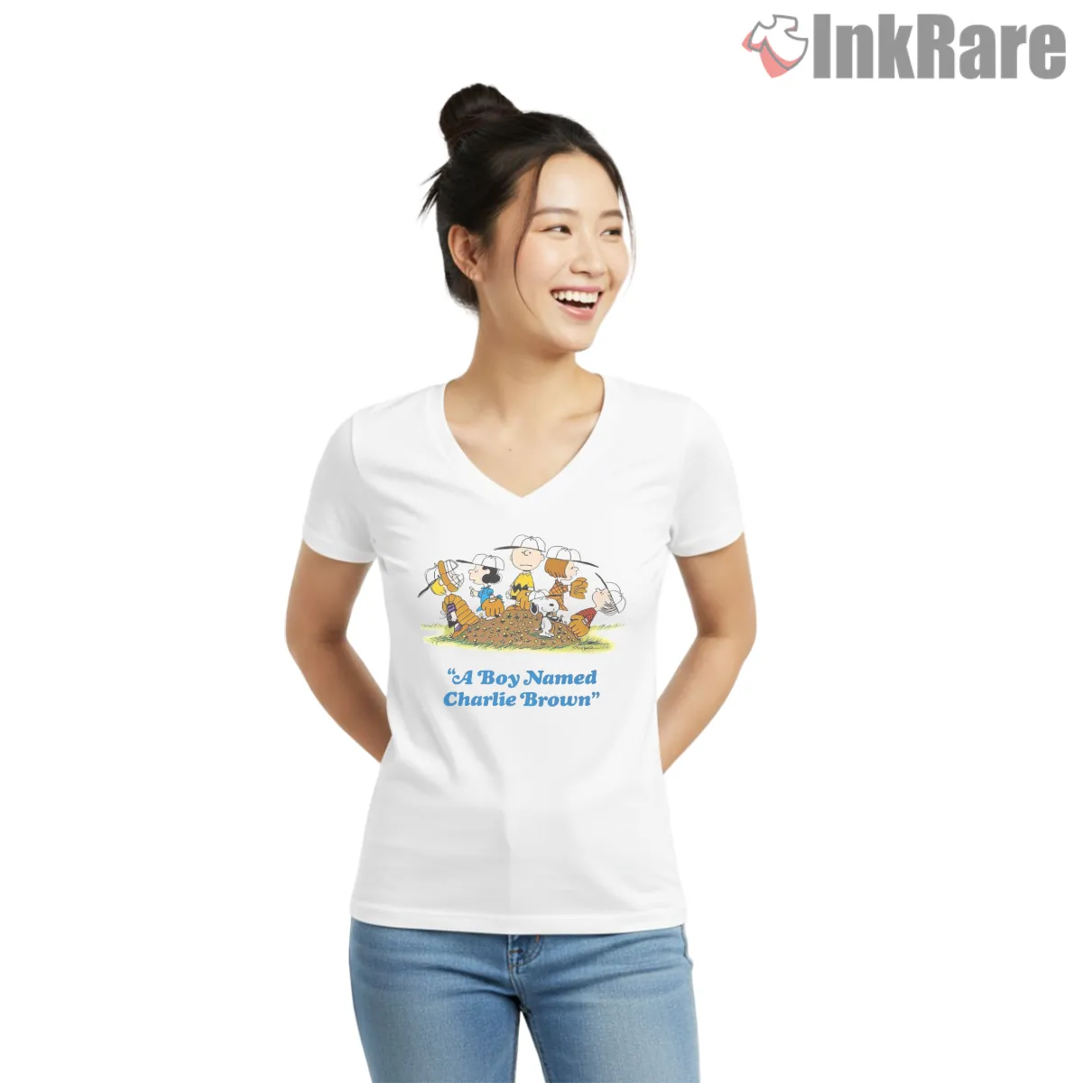 A Boy Named Charlie Brown Classic Shirt on white v-neck shirt for women graphic tee