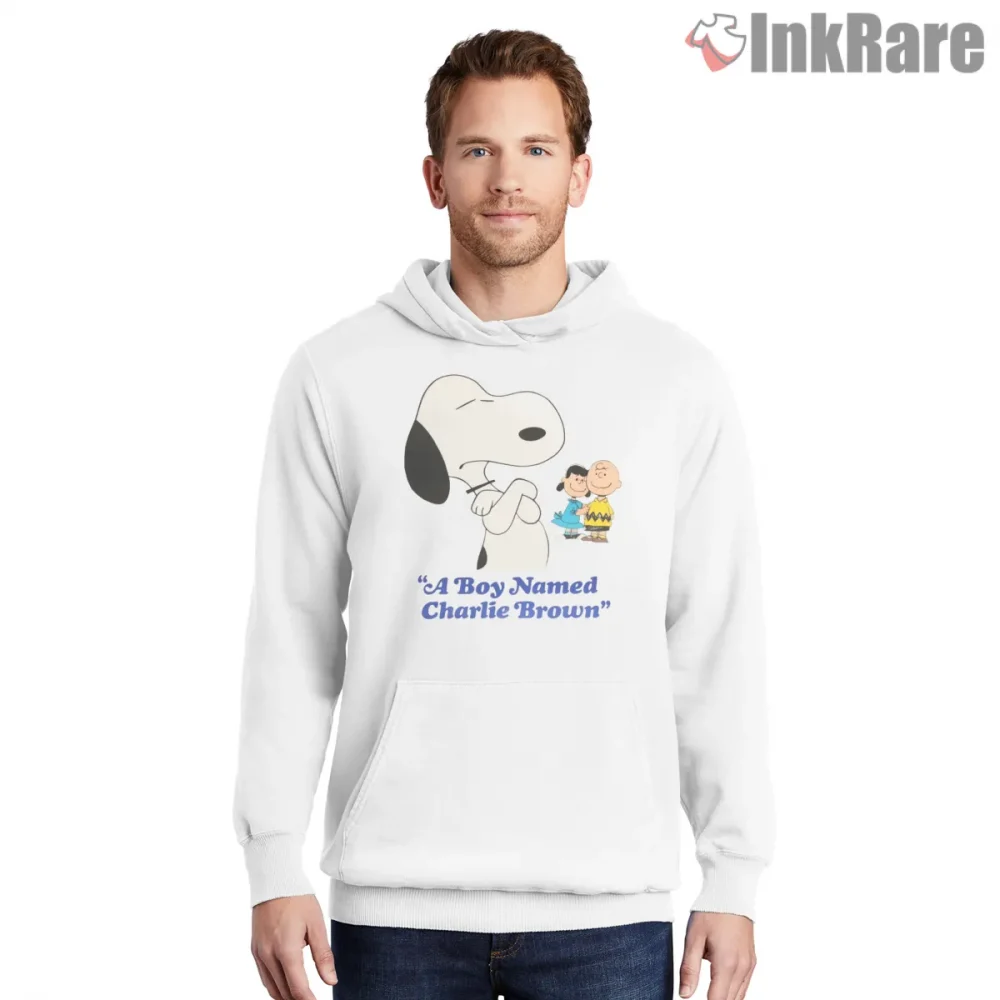 A Boy Named Charlie Brown Classic Snoopy Tribute Shirt on white hoodie for men graphic tee