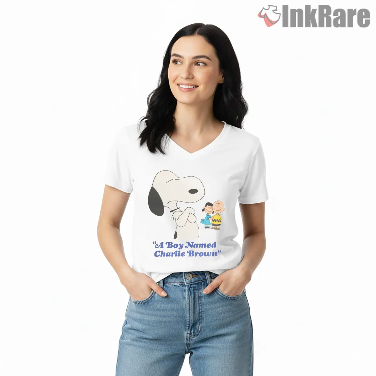 A Boy Named Charlie Brown Classic Snoopy Tribute Shirt on white v-neck shirt for women graphic tee