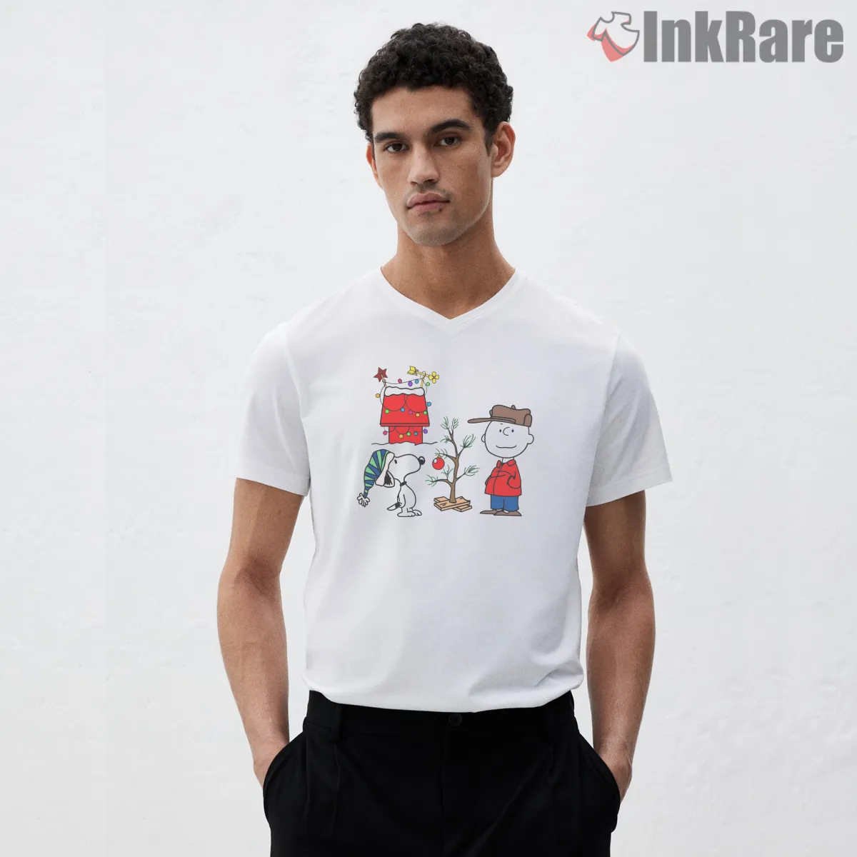 A Charlie Brown Christmas Classic Shirt on white v-neck shirt for men graphic tee