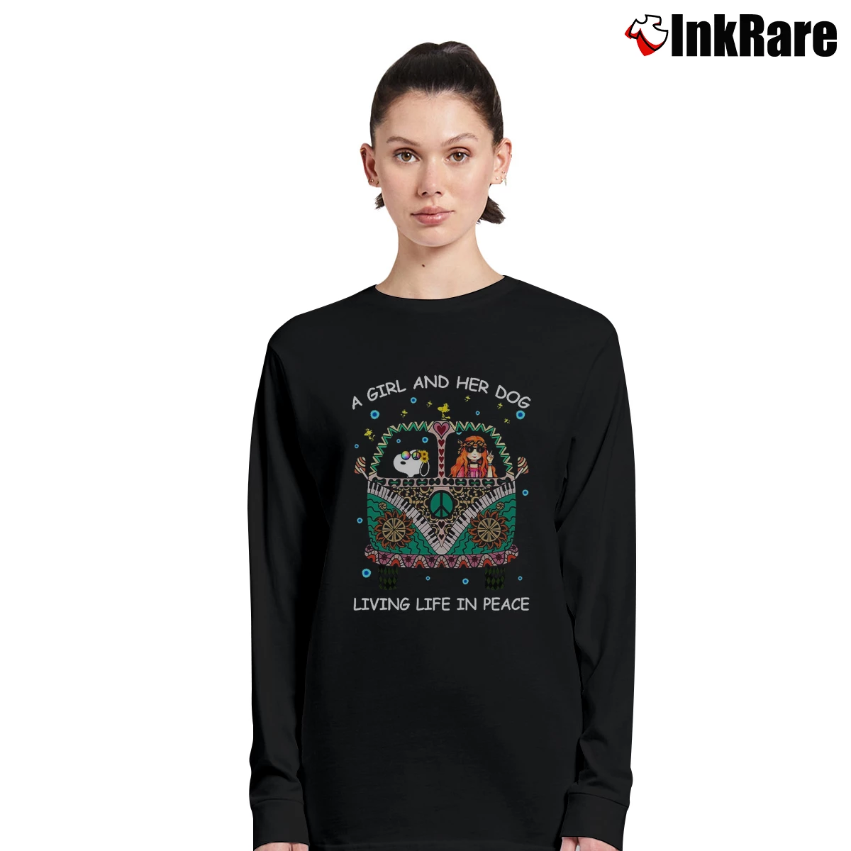 A Girl And Her Dog Living Life In Peace Snoopy Hippie Bus Women’s Long-Sleeve Top in black – Effortless Layer Women’s A Girl And Her Dog Living Life In Peace Snoopy Hippie Bus Long-Sleeve Top in black | Sleek, Versatile, All-Season