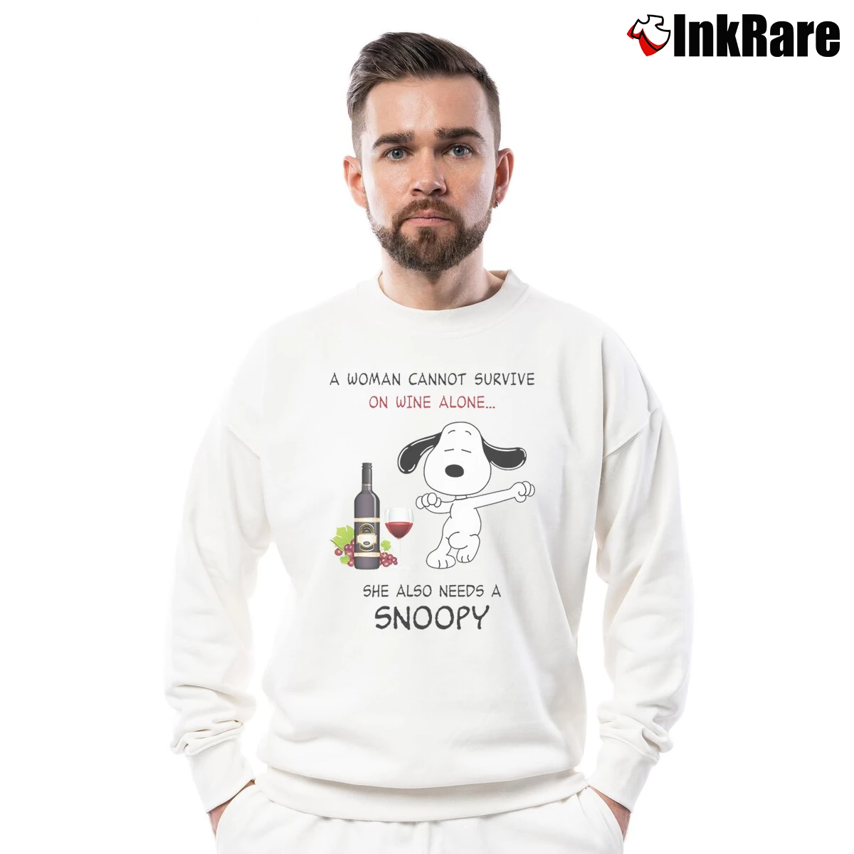 Men’s A Woman Cannot Survive On Wine Alone She Also Needs A Snoopy Crewneck Sweatshirt in white | Cozy Fabric, Clean Style