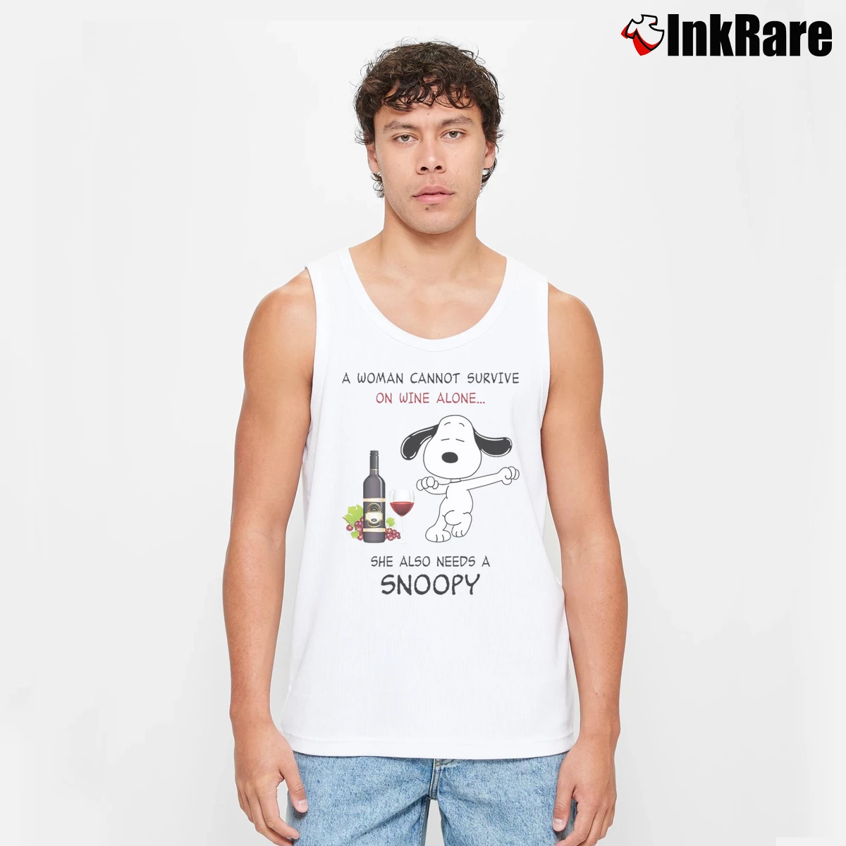 Men’s A Woman Cannot Survive On Wine Alone She Also Needs A Snoopy Tank Top in white | Breathable, Active-Friendly Design