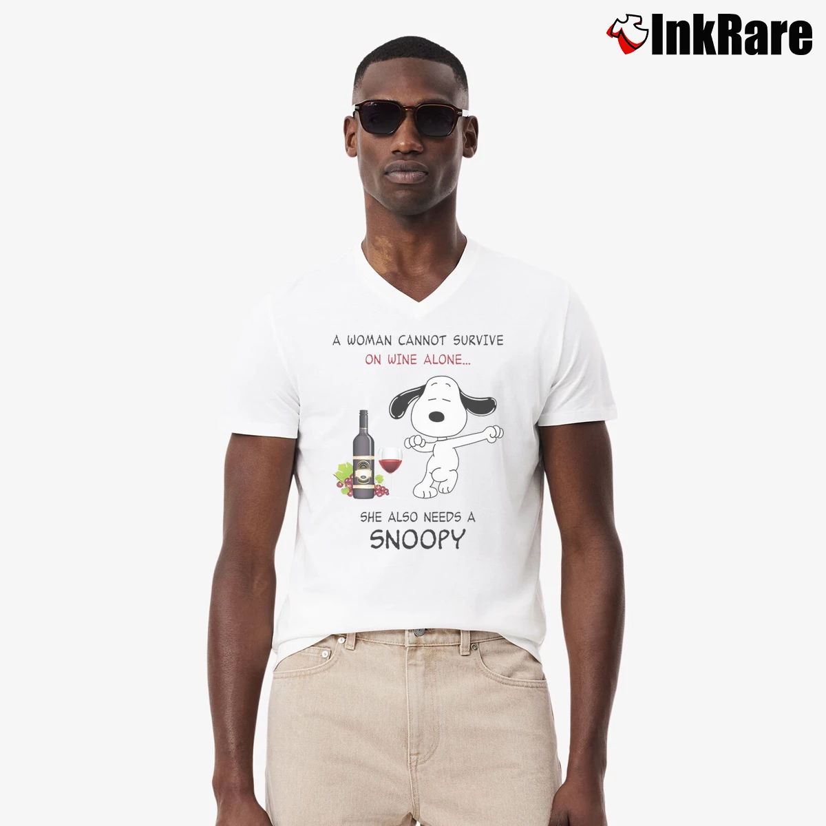 Men’s A Woman Cannot Survive On Wine Alone She Also Needs A Snoopy V-Neck Tee in white | Sharp, Breathable, Everyday Staple