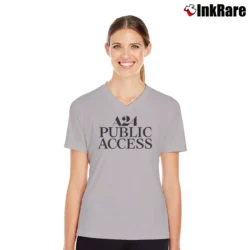 Women’s A24 Public Access White Graphic V-Neck Tee in sport grey | Chic Neckline, Soft Texture