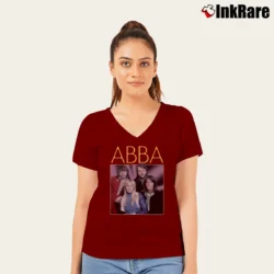 Women’s Abba Fan Art Vintage Music V-Neck Tee in maroon | Chic Neckline, Soft Texture