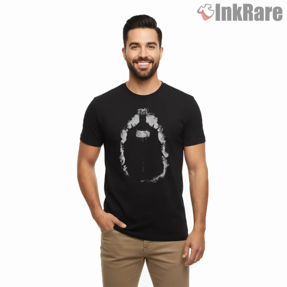 Absolute Batman Dripping Ink Silhouette Shirt on black short sleeve shirt for men graphic tee