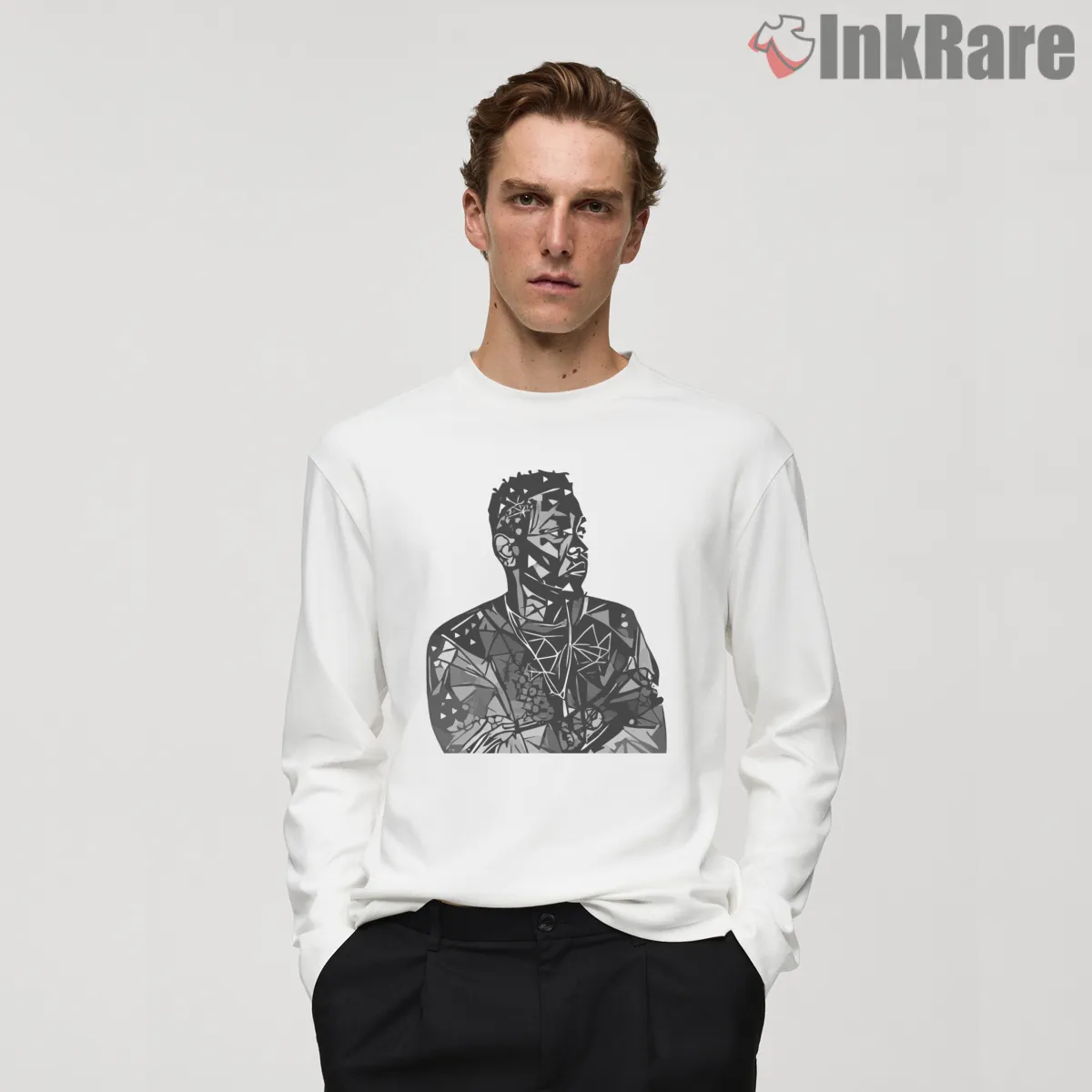 Abstract Geometric Kendrick Lamar Fragmented Portrait Shirt on white long sleeve shirt for men graphic tee