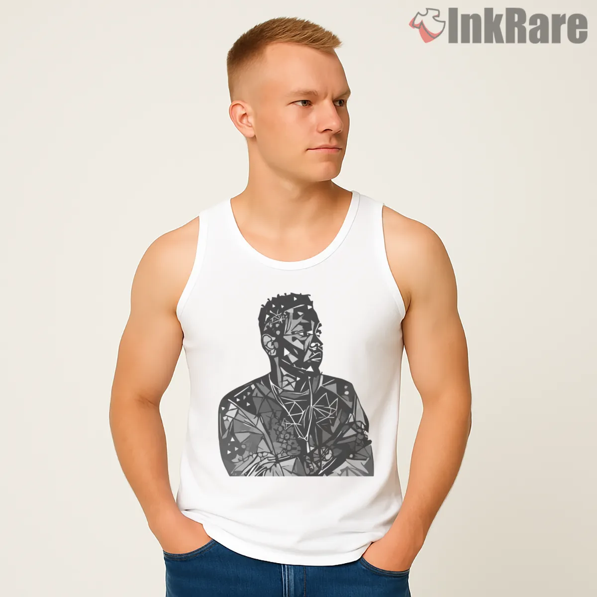 Abstract Geometric Kendrick Lamar Fragmented Portrait Tank Top White Abstract Geometric Kendrick Lamar Fragmented Portrait Shirt on white tank top for men graphic tee