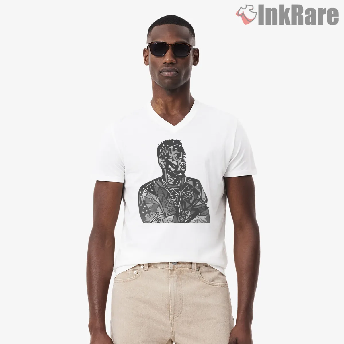 Abstract Geometric Kendrick Lamar Fragmented Portrait V Neck White Abstract Geometric Kendrick Lamar Fragmented Portrait Shirt on white v-neck shirt for men graphic tee