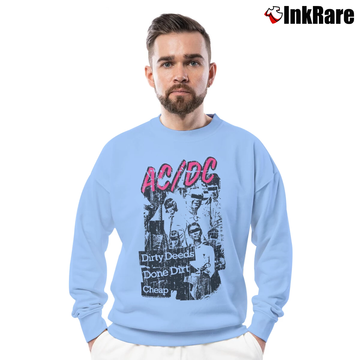Men’s Ac/dc Dirty Deeds Done Dirt Cheap Crewneck Sweatshirt in light blue | Cozy Fabric, Clean Style