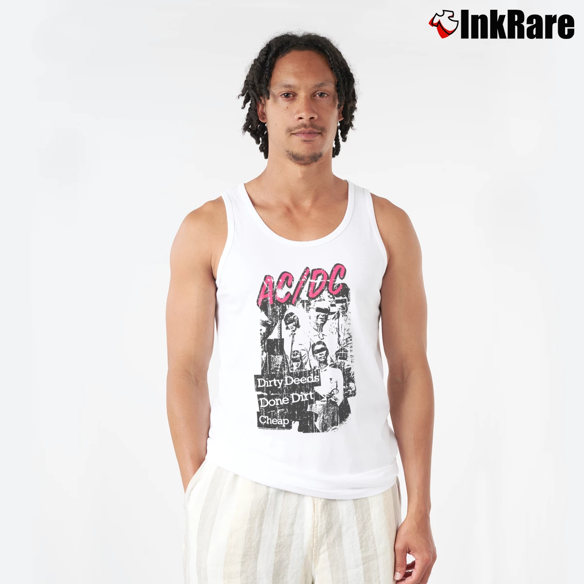 Men’s Ac/dc Dirty Deeds Done Dirt Cheap Tank Top in white | Breathable, Active-Friendly Design