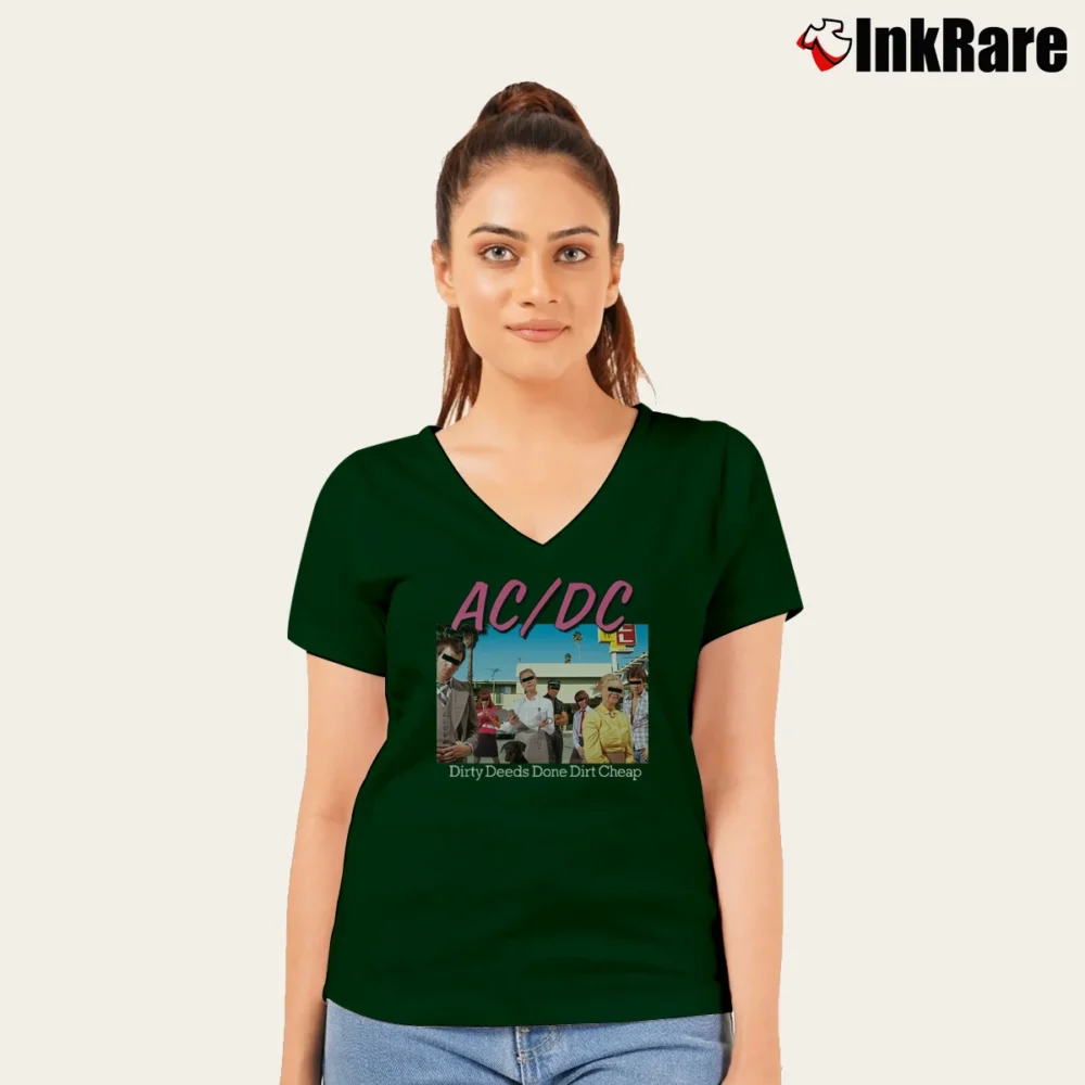 Women’s Acdc Dirty Deeds Done Dirt Graphic V-Neck Tee in forest green | Chic Neckline, Soft Texture