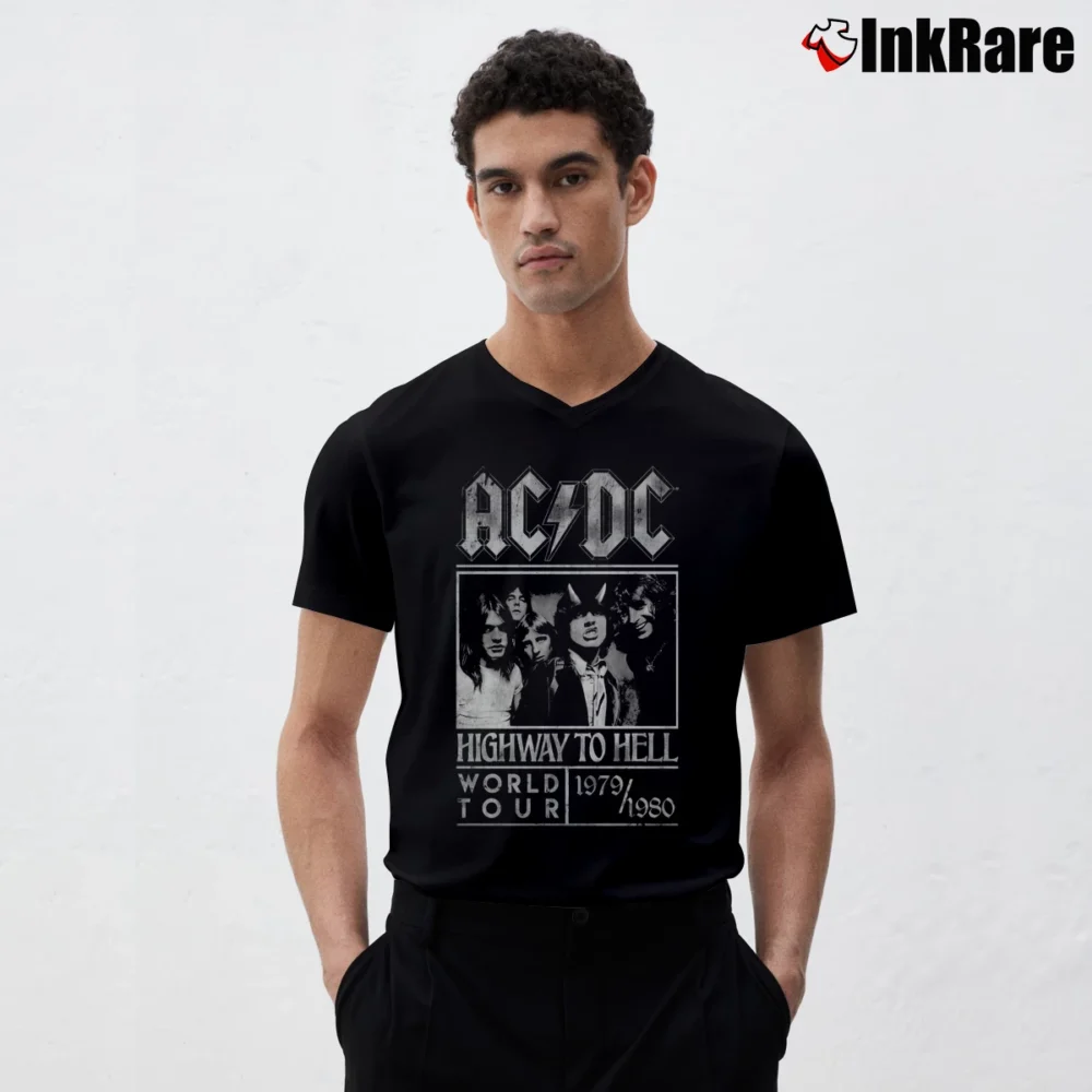 Men’s Acdc Highway To Hell World Tour 79 80 Rock V-Neck Tee in black | Sharp, Breathable, Everyday Staple
