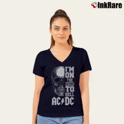 Women’s Acdc I'm On The Highway To Hell for Rock Fans V-Neck Tee in navy | Chic Neckline, Soft Texture
