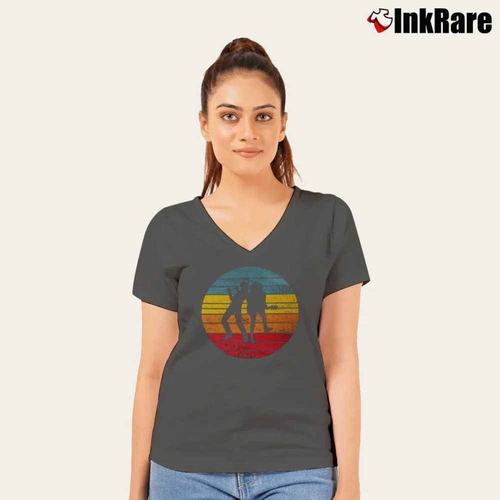 Women’s Acdc Rock Band Retro V-Neck Tee in charcoal | Chic Neckline, Soft Texture