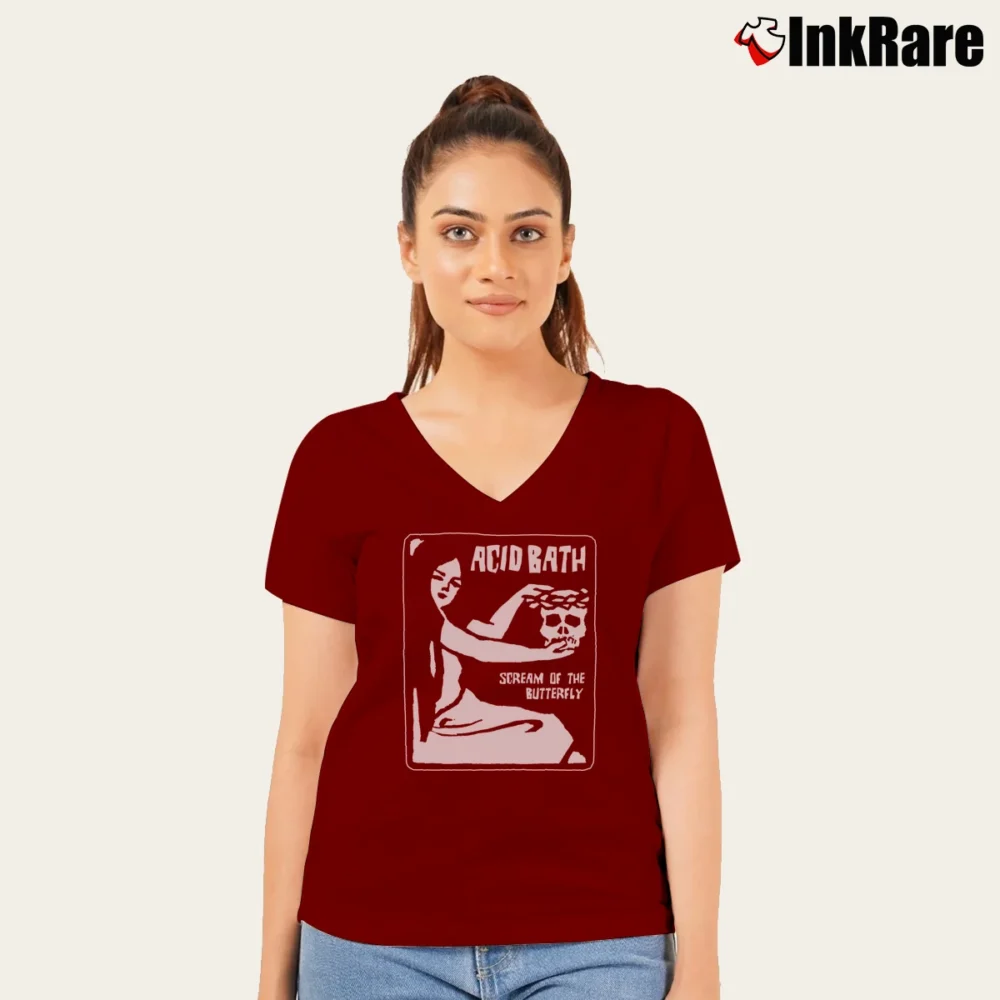 Women’s Acid Bath Scream Of The Butterfly V-Neck Tee in maroon | Chic Neckline, Soft Texture