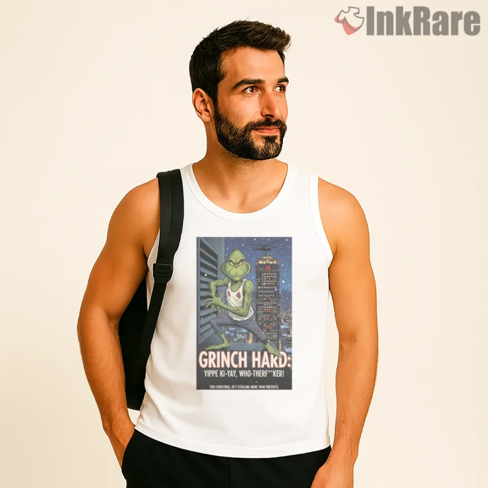 Action Hero Holiday Villain Christmas Shirt on white tank top for men graphic tee