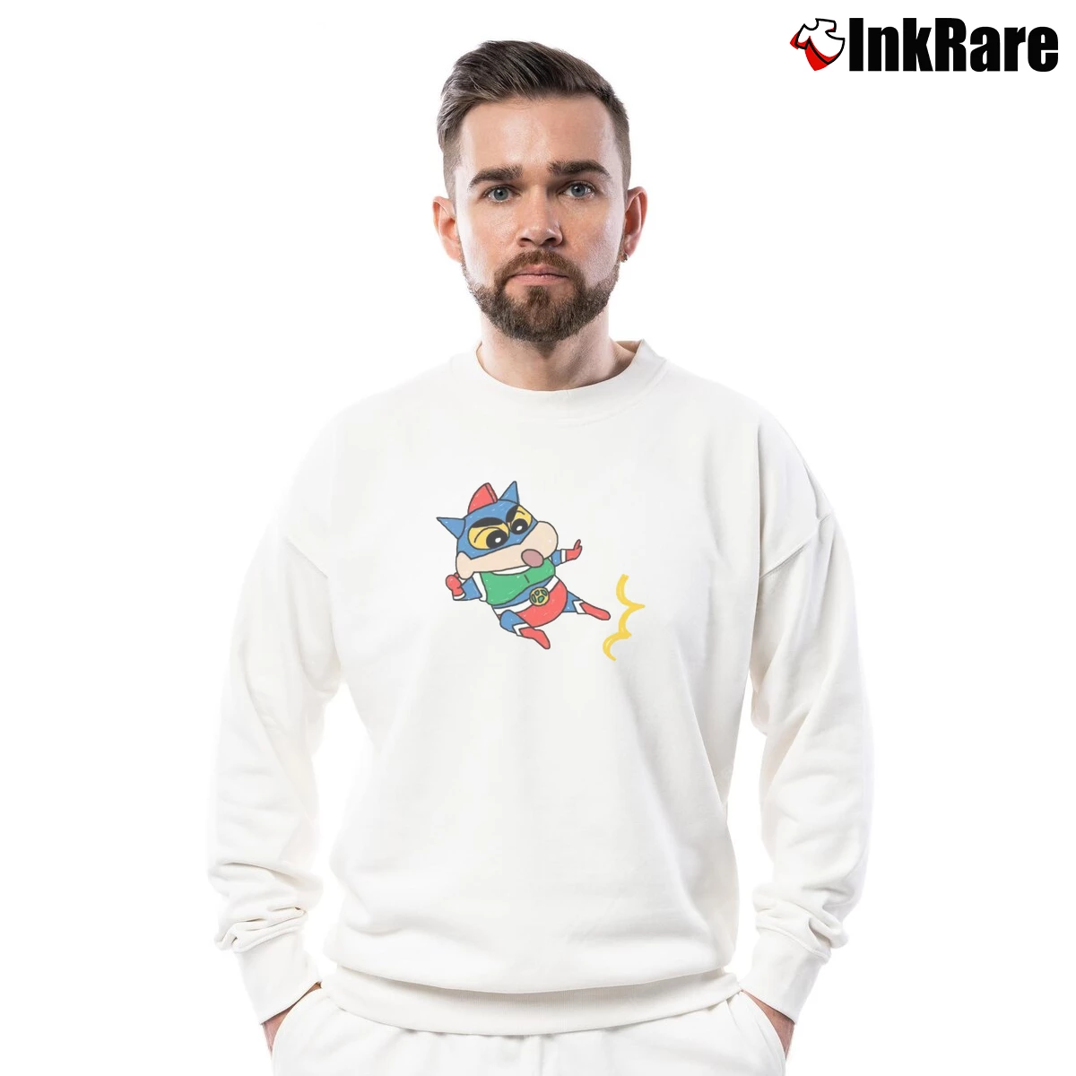 Men’s Action Kamen Cartoon Crayon Shin Chan Crewneck Sweatshirt in white | Cozy Fabric, Clean Style